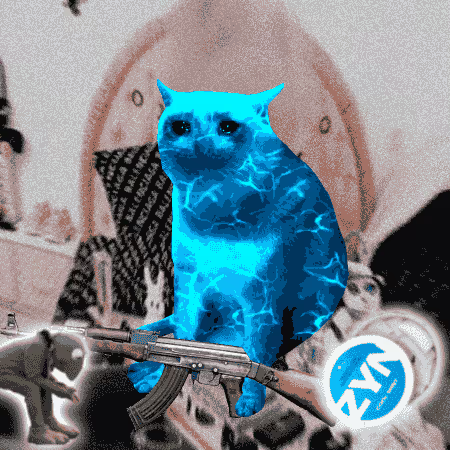 A surreal digital illustration features a blue, water-textured cat holding an AK-47 rifle against a grainy background.