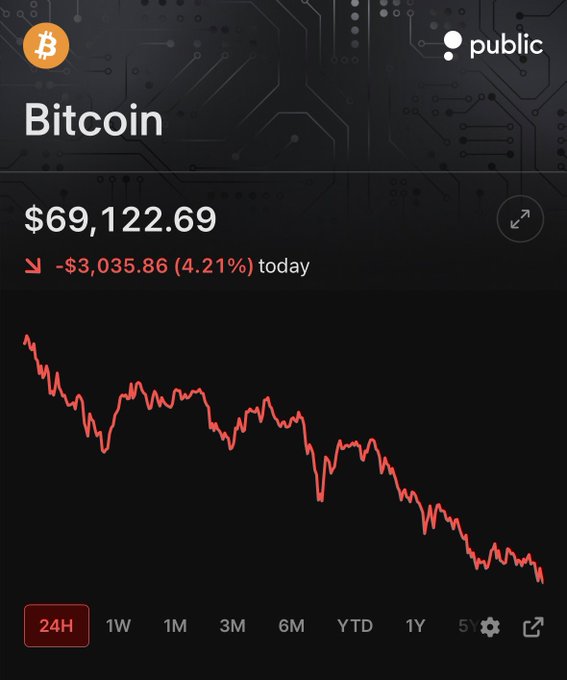 The image features a graph that displays the declining value of Bitcoin over time, with an upward trend followed by recent dips and a downward trend seen in this particular screenshot. The title "Bitcoin" appears above the chart indicating its relevance. Additionally, there is text on the screen that reads "Public" which might be a related identifier or branding for some platform associated with the cryptocurrency.