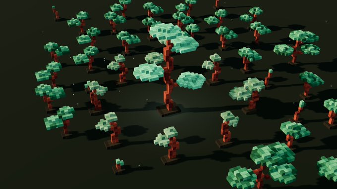 A 3D voxel-style rendering shows blocky trees with red trunks and teal-green canopies arranged on a dark surface.