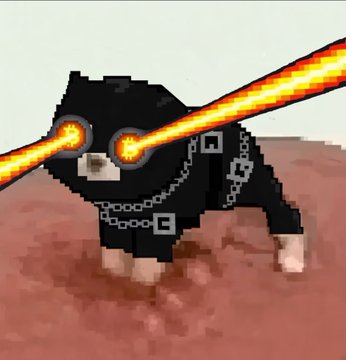 A pixel art image showing a black lamb or sheep with chains draped across its body, emitting bright orange and yellow laser beams from its eyes against a muted gray background.