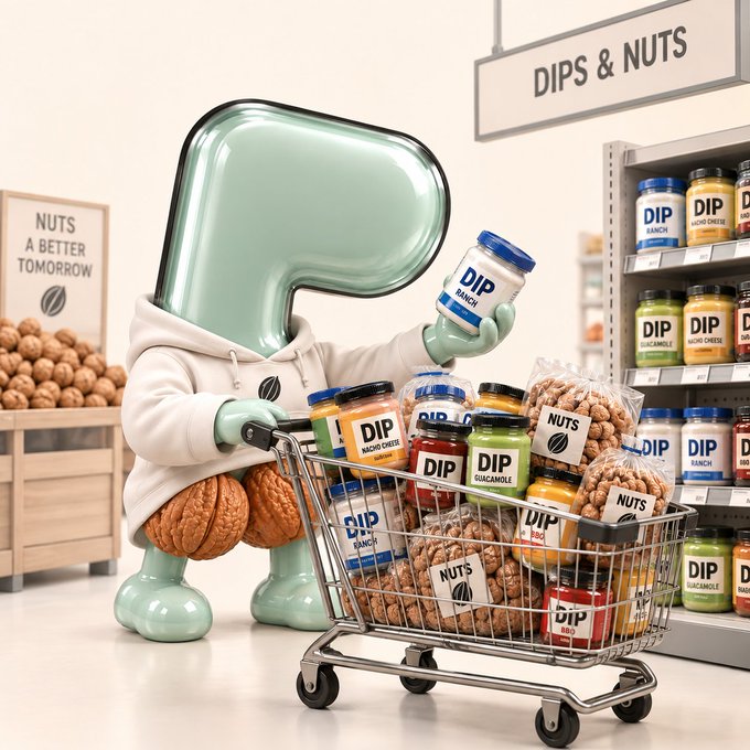 A 3D-rendered mascot character with a green rounded head wearing a hoodie, pushing a shopping cart full of 'DIP' brand sauces and 'NUTS' products through a grocery store section labeled 'DIPS & NUTS'.