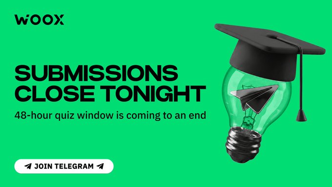 A bright green promotional graphic from WOOX announces "SUBMISSIONS CLOSE TONIGHT" with the subtext "48-hour quiz window is coming to an end," featuring a black graduation cap perched on a lightbulb illustration alongside a "JOIN TELEGRAM" button. The image reinforces the post's urgency by visually signaling that the Knowledge Master quiz's deadline is imminent, directing viewers to act before the timer runs out at t.me/WOOXcommunity.