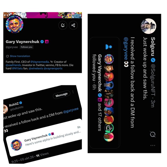 A collage of Twitter screenshots shows Gary Vaynerchuk (@garyvee) interacting with followers, including notifications of follow-backs and a DM from him to user @RohitZ, illustrating the recent wave of unfollows and direct messages being sent to NFT community accounts. The image visually supports the post's claim that major NFT figures are receiving engagement from Vaynerchuk, which the author interprets as a potential "alpha" signal for an upcoming move.