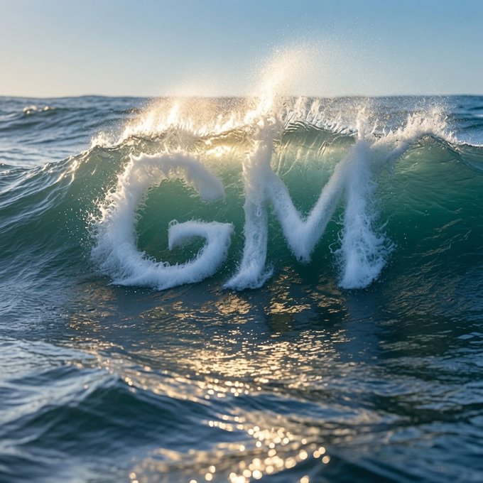 A powerful ocean wave crashes dramatically into letters "GM" formed by seafoam, symbolizing the "good morning" greeting in the crypto community alongside the post's motivational message about seizing market momentum. The image visually reinforces the caption's metaphor of catching waves of opportunity in the market.