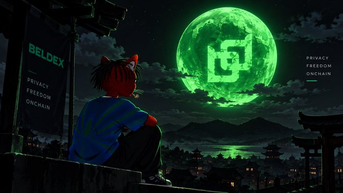 An illustration of a tiger-striped cat character sitting on a rooftop overlooking a Japanese-style city under a large green glowing moon displaying a logo, with 'BELDEX' text promoting 'PRIVACY FREEDOM ONCHAIN'.