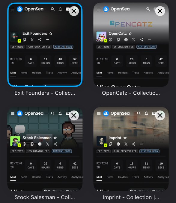 Four OpenSea NFT collection pages shown as thumbnails: Exit Founders, OpenCatz, Stock Salesman, and Imprint, all marked 'MINTING SOON' with September 2026 dates and various creator fee percentages.