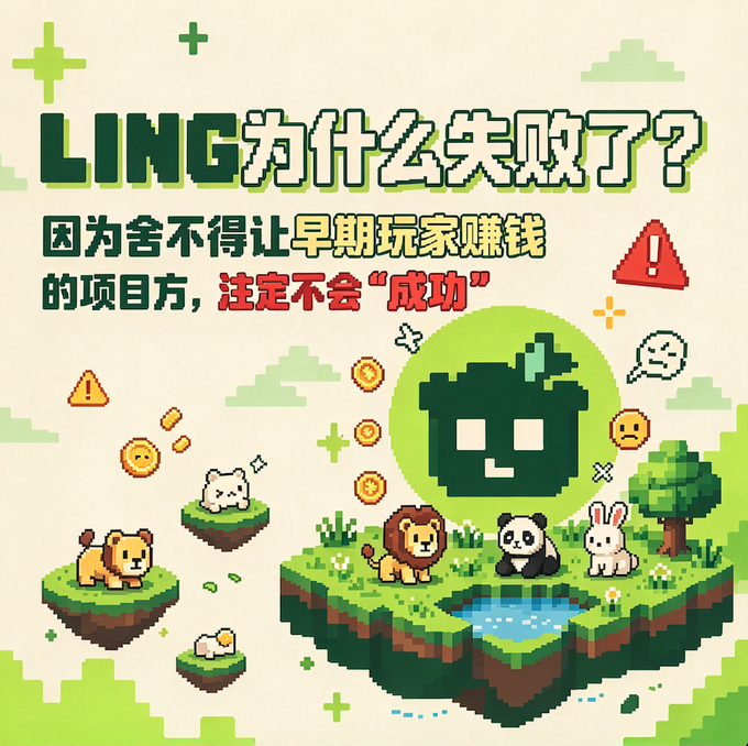 A pixel-art image featuring cute animals (lion, dog, panda, rabbit) on floating green islands, with a central dark character wearing a monocle, and Chinese text reading "LING为什么失败了？因为舍不得让早期玩家赚钱的项目方，注定不会'成功'" (Why did LING fail? Because project owners who can't bear to let early players profit are destined to not 'succeed').

The image relates directly to the post by visually summarizing the author's conclusion about why the X Layer chain game LING failed after just 2 days of operation, with the warning symbols and monocled character suggesting suspicious behavior by the project team that disadvantaged early supporters, reinforcing the broader view that chain games have largely been disproven as a viable concept.