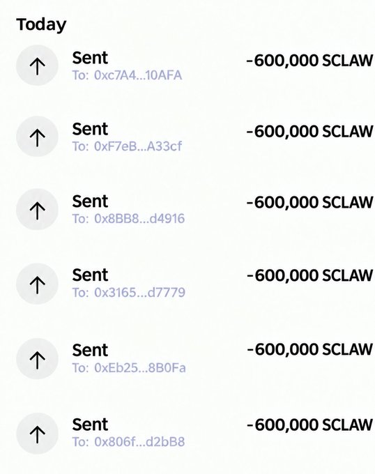 A screenshot of a cryptocurrency transaction history showing six 'Sent' transactions, each for an amount of -600,000 SCLAW to various wallet addresses.