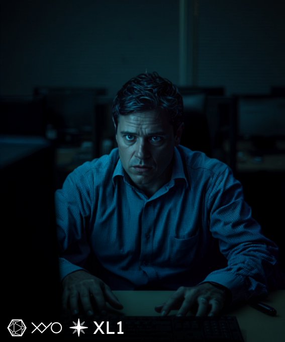 A dramatic, dimly lit portrait of a concerned man in a blue shirt staring at a computer screen, with logos for 'X', 'O', and 'XL1' displayed at the bottom.