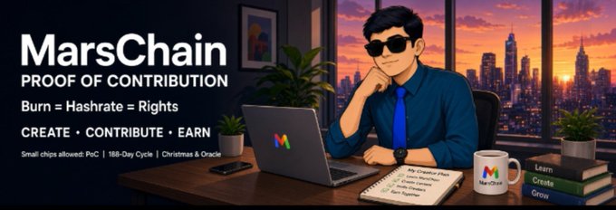A cartoon avatar of a man wearing sunglasses and a blue tie sits at a desk with a laptop displaying the MarsChain "M" logo, beside text promoting "Proof of Contribution" with the tagline "Burn = Hashrate = Rights" and a workspace notebook outlining create, contribute, and earn steps. The illustration visually reinforces the post's theme that MarsChain rewards users for actively contributing to the network rather than simply holding capital, framing participation as the true measure of power.