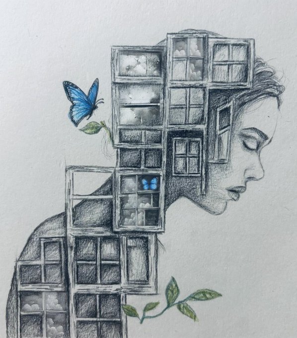 A surreal pencil drawing depicting a woman's profile with stacked, window-like frames forming her hair and body, including a blue butterfly and a small vine with leaves.