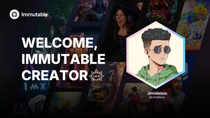 A welcome graphic for "Immutable Creator" featuring a cartoon avatar of a man with sunglasses, labeled "Jimidesuu (@Jimidesuu)" against a background of various game and art images.