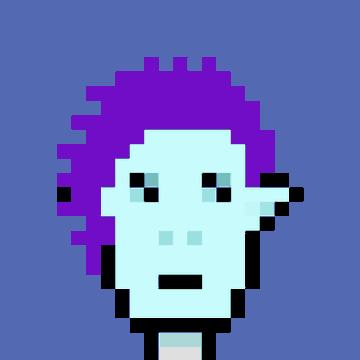 A pixel art portrait of a character with a teal face, purple hair, and small black eyes set against a solid blue background.