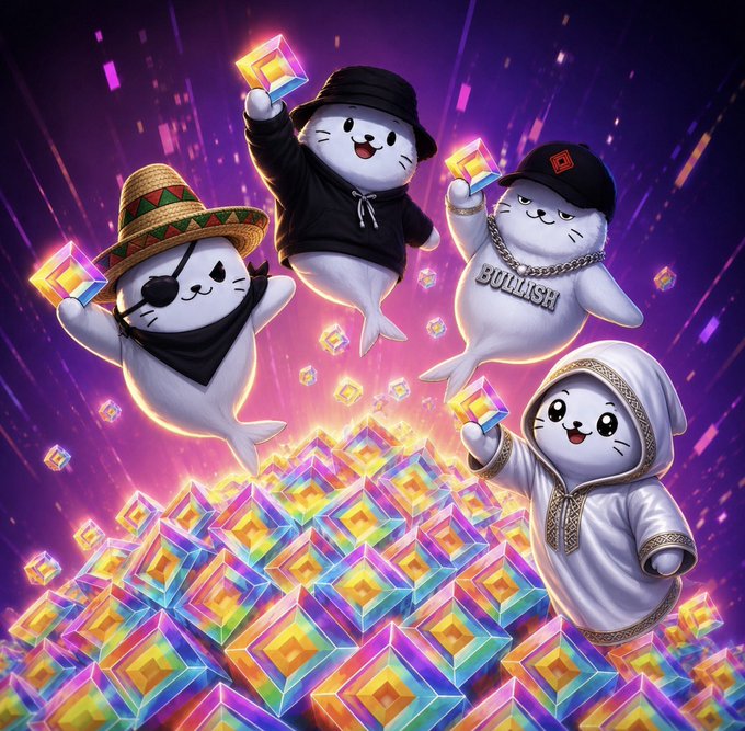 A colorful digital illustration features four cute white seal-like characters dressed in streetwear (sombreros, hoodies, caps) holding glowing cubes, floating above a pile of rainbow-colored cubes.