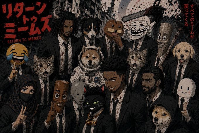 An anime-style group portrait of various internet meme characters dressed in suits, featuring the text "RETURN TO MEMES." A central cat character wears a gold chain with a "CATSEM" nameplate, referencing the ticker mentioned in the post.