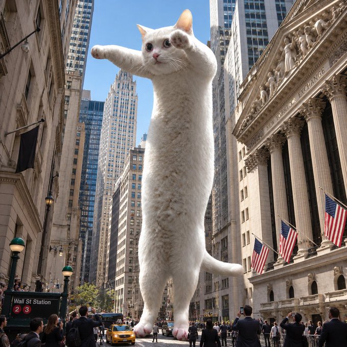 AI-generated image of a giant white cat standing on its hind legs in front of the New York Stock Exchange building near Wall St Station, with onlookers taking photos.