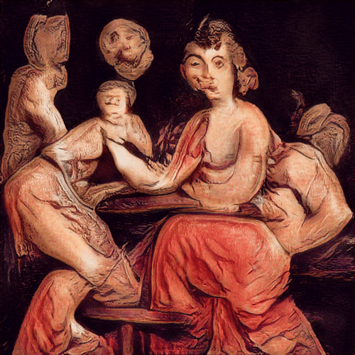 An oil painting in the style of Picasso depicting multiple stylized figures in warm reddish-brown tones.