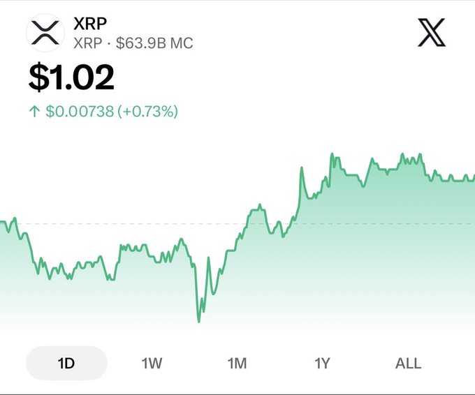 A price chart for the cryptocurrency XRP showing a current price of $1.02 with a +0.73% gain ($0.00738) and a $63.9B market cap, displayed with time range options of 1D, 1W, 1M, 1Y, and ALL.