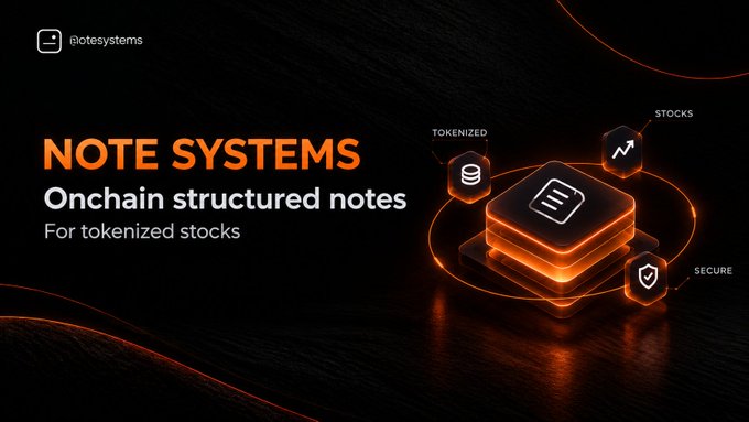 An advertisement for 'NOTE SYSTEMS' by @notesystems promoting 'Onchain structured notes For tokenized stocks' with icons for TOKENIZED, STOCKS, and SECURE.
