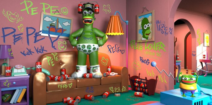 A 3D-rendered green cartoon character wearing headphones and a diaper stands triumphantly on a graffiti-covered couch amid scattered soda cans, with "PEPE" and "Kek Kek" scrawled across the walls, fitting the NFT collection theme referenced in the post.