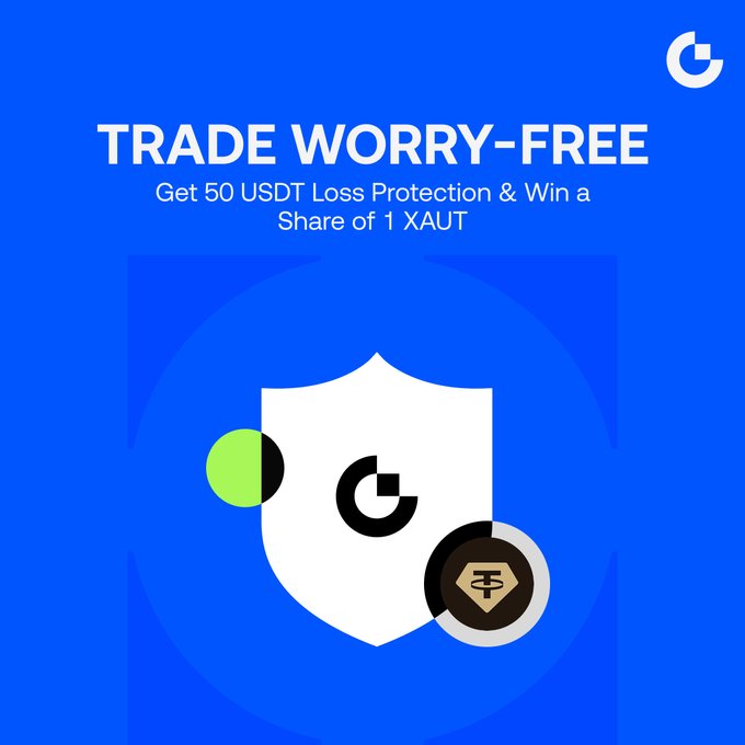 A blue promotional graphic that reads 'TRADE WORRY-FREE - Get 50 USDT Loss Protection & Win a Share of 1 XAUT' featuring a shield and logo.