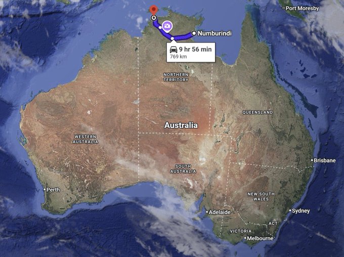 A Google Maps view of Australia shows a driving route from Numburindi to a destination in the Northern Territory, covering 769 km and taking 9 hours 56 minutes—highlighting just how massive Australia really is.