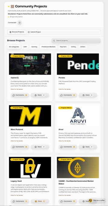 A "Community Projects" webpage interface listing various projects including "Cipher21," "Pendeo," "Marc Protocol," "Aruvi," "Legacy Vault," and "CARM - Confidential Automated Market Maker," with categories like DeFi, Gaming, and Prediction Markets.