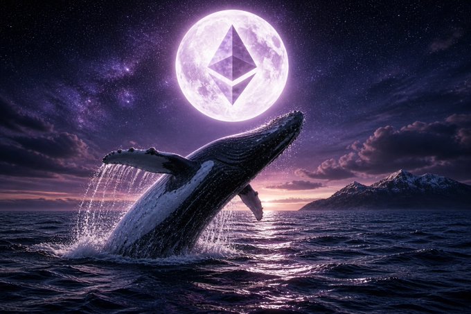 A humpback whale breaches the ocean beneath a glowing full moon displaying the Ethereum logo, visually symbolizing the massive crypto whale movement of 70,739 ETH ($174M) being deposited into exchanges following a $408M accumulation.