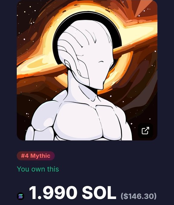 The image shows a painting of a person with a white head and blue eyes, dressed in a suit. The background features a vibrant, detailed space filled with stars. A message on the picture indicates that if someone wants to own this artwork, they should pay $1466.30 (rounded to nearest dollar). This message is presented prominently on the image's postcard.