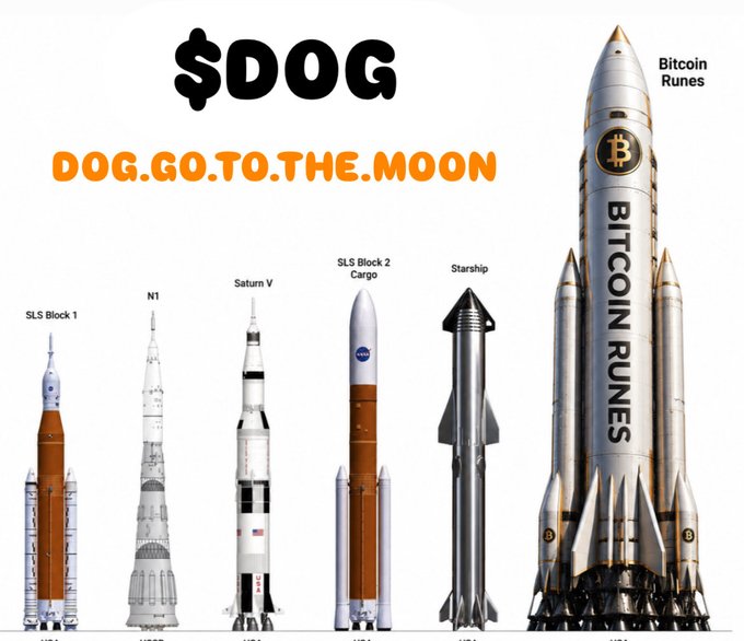 A meme image compares rocket sizes labeled 'SLS Block 1', 'N1', 'Saturn V', 'SLS Block 2 Cargo', and 'Starship' alongside a much larger fictional rocket labeled 'BITCOIN RUNES', with the text '$DOG DOG.GO.TO.THE.MOON' at the top.