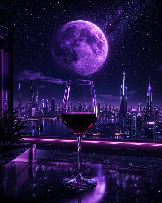 A neon purple cityscape at night featuring a large purple moon, with a glass of red wine on a reflective bar counter in the foreground.