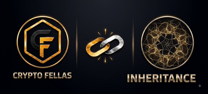 A promotional graphic displaying 'CRYPTO FELLAS' and 'INHERITANCE' logos alongside a gold chain link symbol on a dark background.