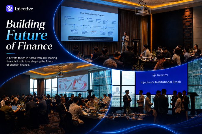 An Injective promotional graphic titled 'Building Future of Finance' showcasing a private forum in Korea with 40+ financial institutions, featuring photos of presentations on 'Injective Institutional Progress' and 'Injective's Institutional Stack.'