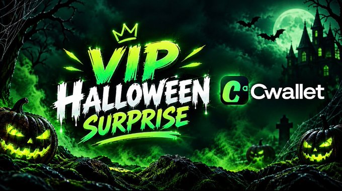 A Halloween-themed promotional graphic with the text "VIP Halloween Surprise" alongside the "Cwallet" logo, featuring glowing jack-o'-lanterns, a haunted castle, bats, and a full moon in eerie green tones—perfectly matching the post announcing a limited-time "HALLOWALLET" gift box event for eligible Cwallet VIP users running September 21–29.