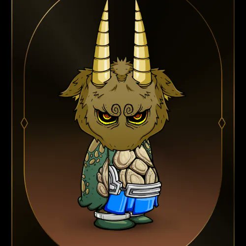 A cartoon illustration of a fierce brown goat-like creature with golden horns, yellow eyes, and a turtle-shell-like body wearing blue shorts, set against a dark oval background.