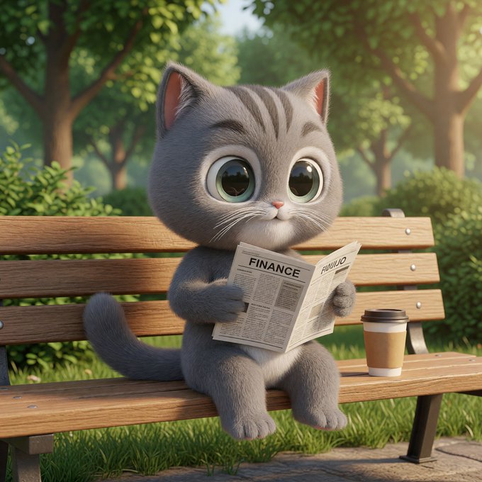 A cute gray cartoon cat sits on a park bench reading a "FINANCE" newspaper with a coffee cup beside it, humorously portraying Boba Cat catching up on financial news as the mascot builds the project. The scene ties to $BOBA by suggesting the team's focus on development and staying informed on market trends.