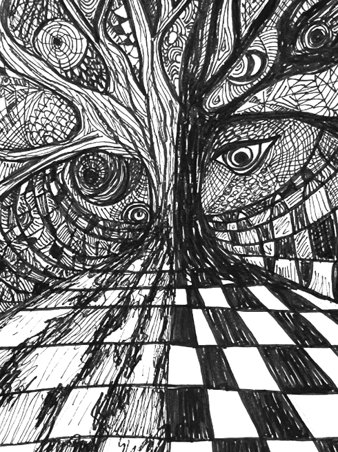 A black and white abstract ink drawing features intricate, swirling patterns and hidden eyes emerging from the textures, hovering above a checkered floor.