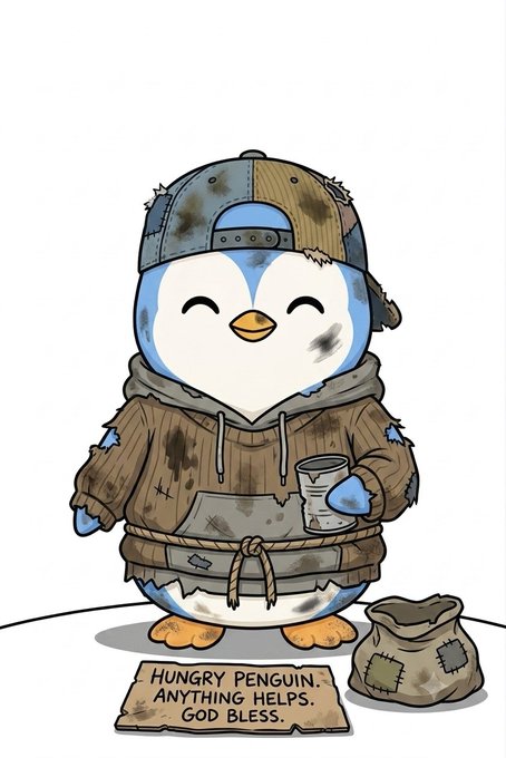 A cartoon illustration of a disheveled penguin wearing patched, dirty clothes and a cap, holding a cup, with a cardboard sign reading 'HUNGRY PENGUIN. ANYTHING HELPS. GOD BLESS.'