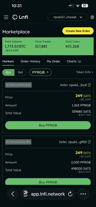 Mobile screenshot of the Lnfi marketplace (app.lnfi.network) showing a Buy order interface for the token PPRGB, with total volume at 1,773.52 BTC and listings priced at 249 SATS.