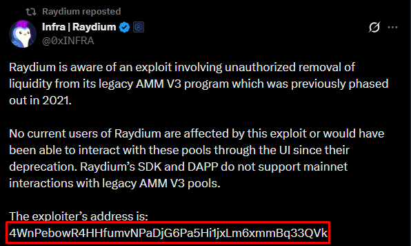 A screenshot of a text message screen with a Twitter logo at the top, followed by the text "Raydium confirmed a $1.34M exploit affecting several legacy liquidity pools". The text also mentions that the protocol has committed to reimbursing all losses from its treasury and questions whether any active users were impacted. The conversation focuses on how to resolve this issue as quickly as possible.