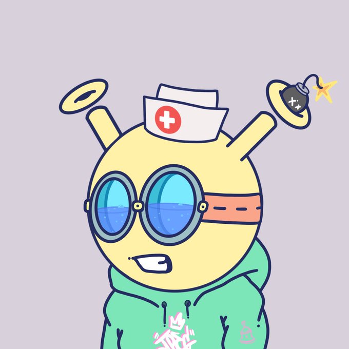 A cartoon illustration of a yellow, round-headed character wearing a nurse cap with a red cross, blue round goggles, and a green hoodie, holding a bomb with a halo, on a light purple background.