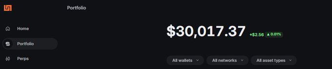 A portfolio dashboard screenshot showing total value of $30,017.37 with +$2.56 (+0.01%) change, featuring Home, Portfolio, and Perps navigation.