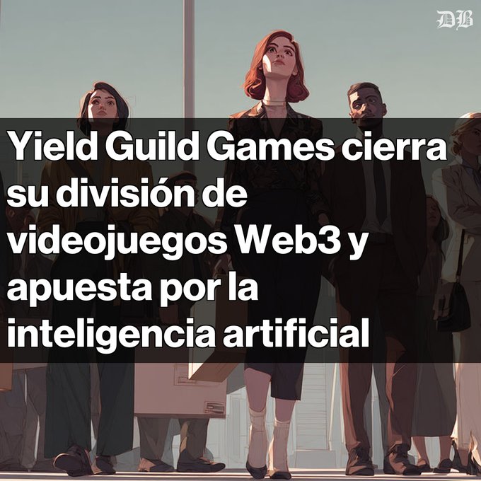 An illustrated scene of a red-haired woman in a black coat standing confidently in a crowd, overlaid with the headline 'Yield Guild Games cierra su división de videojuegos Web3 y apuesta por la inteligencia artificial' (Yield Guild Games closes its Web3 video game division and bets on artificial intelligence), with a 'DB' logo in the corner.
