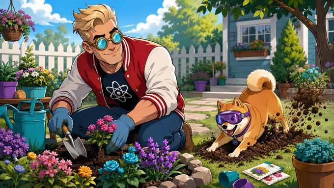 An illustrated scene of a blonde man wearing sunglasses, gloves, and a red and white varsity jacket tending to flowers in a garden while a Shiba Inu dog wearing goggles digs in the dirt nearby.