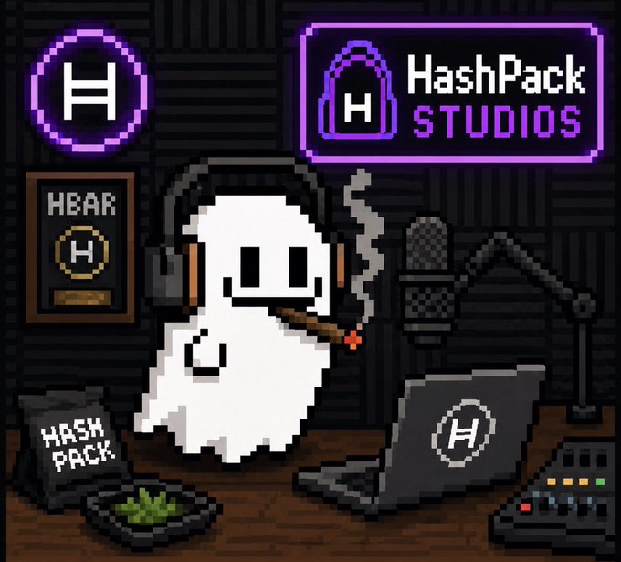 A pixel art ghost wearing headphones smokes a joint at a desk equipped with a laptop, microphone, and audio mixer, surrounded by "HashPack" and "H" branded signage. The "HashPack Studios" branding, laptop logo, and a "Hash Pack" bag tie directly into the post's wordplay, visually pairing the "HashPack" wallet reference with the cannabis "hash" pun.