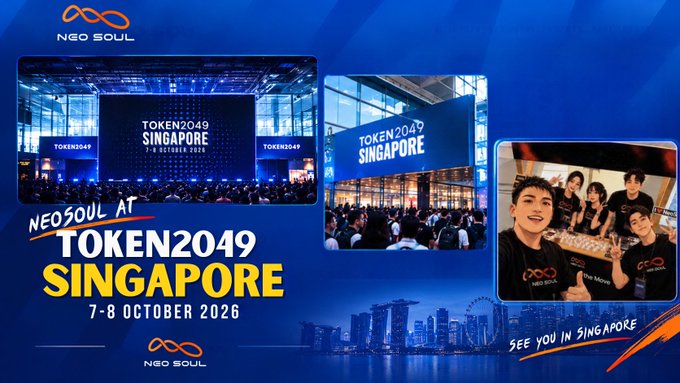 A promotional graphic for 'NEOSOUL AT TOKEN2049 SINGAPORE' taking place 7-8 October 2026, featuring event photos and a Singapore skyline.
