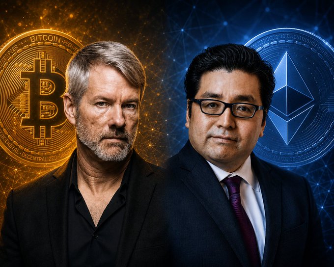 A digital composite image showing two men in suits back-to-back against a background split between a golden Bitcoin coin on the left and a blue Ethereum coin on the right, with a network node pattern overlay.