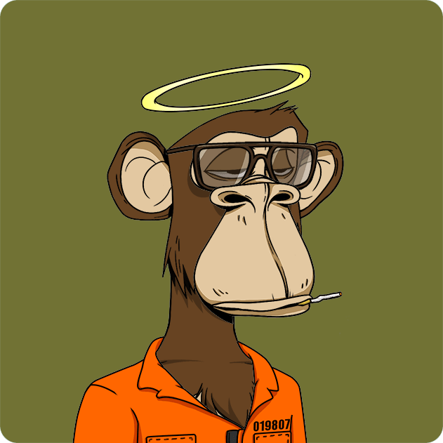A cartoon monkey wearing black sunglasses, a yellow halo, and an orange prison-style shirt with the number "019807", smoking a cigarette against an olive green background.