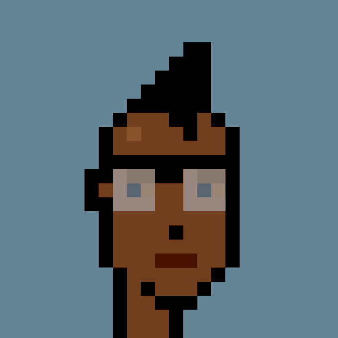 A pixel art portrait of a character with brown skin, blue eyes, and styled black hair against a solid blue background.