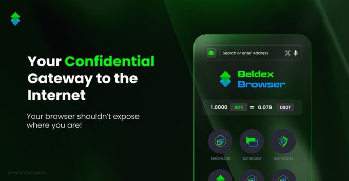 An advertisement for 'Beldex Browser' describes it as 'Your Confidential Gateway to the Internet' with the tagline 'Your browser shouldn't expose where you are!', displaying a conversion rate of 1 BDX = 0.079 USDT.